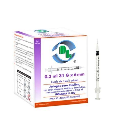 JERINGA HIPODÉRMICA DESECHABLE ESTÉRIL PARA INSULINA DE 0.3 ML. CON AGUJA CALIBRE 31GX6MM, CAJA C/100 PZS.
