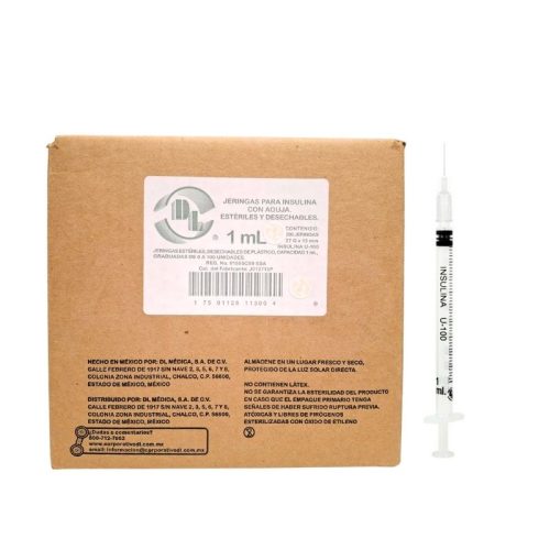 JERINGA HIPODÉRMICA DESECHABLE ESTÉRIL PARA INSULINA DE 1 ML. CON AGUJA CALIBRE 27GX13MM, CAJA C/200 PIEZAS.