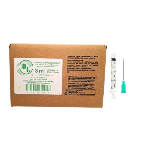 JERINGA DL 3 ML. CON AGUJA 21GX32MM, CAJA C/100 PZS.