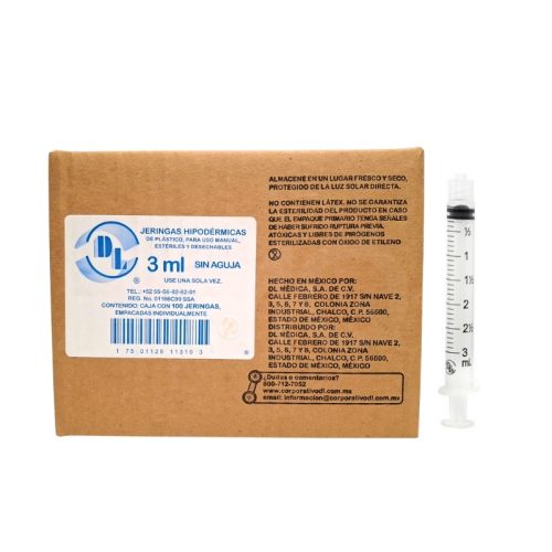 JERINGA DL 3 ML. SIN AGUJA,CAJA C/100 PIEZAS.