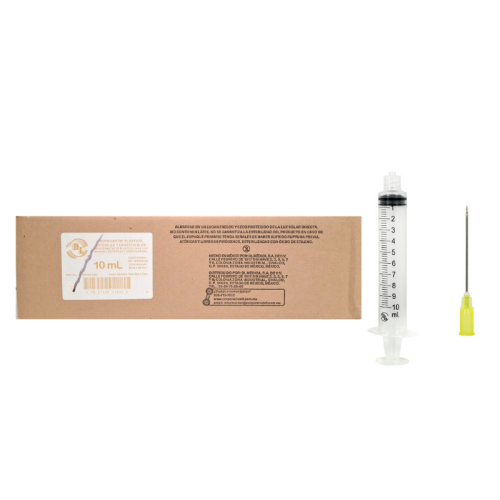 JERINGA 10 ML. CON AGUJA 20GX38, CAJA C/100 PZS.