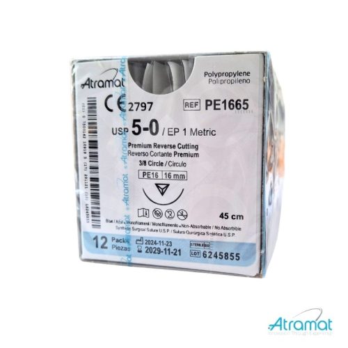 POLIPROPILENO AZUL USP 5-0, 45 CM AGUJA PE-16 REVERSO CORTANTE PREMIUM 16 MM 3/8 CIRCULO