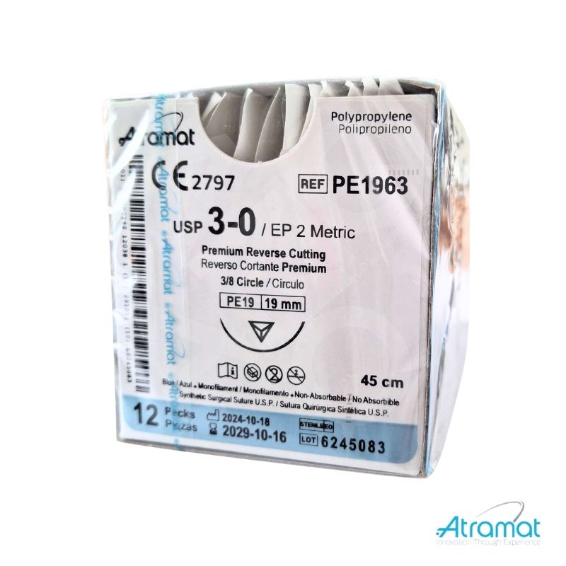 POLIPROPILENO AZUL USP 3-0, 45 CM AGUJA PE-19 REVERSO CORTANTE PREMIUM 19 MM 3/8 CIRCULO