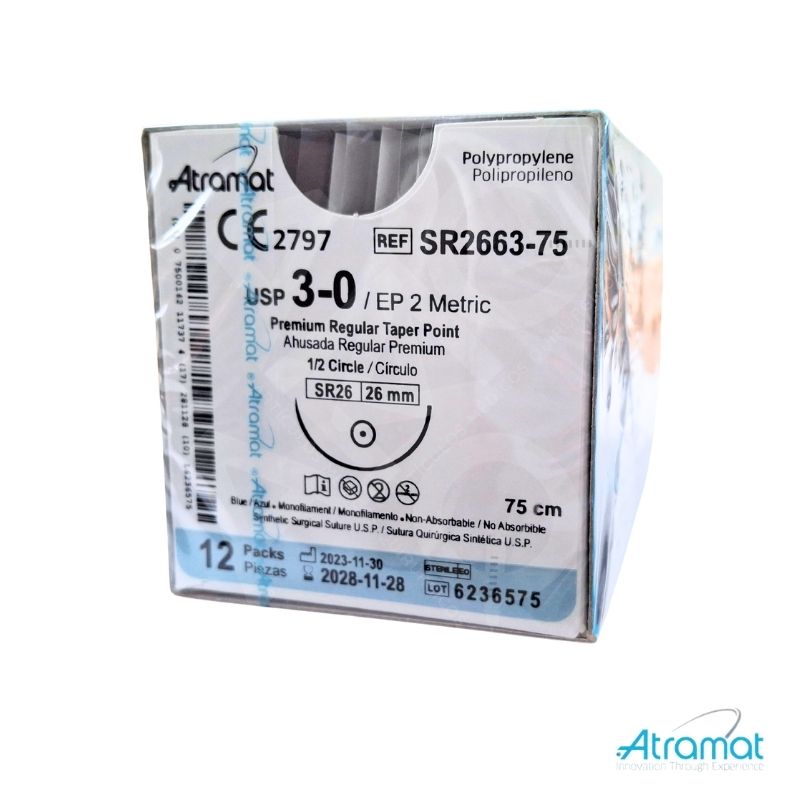 POLIPROPILENO AZUL USP 3-0, 75 CM AGUJA SR-26 AHUSADA REGULAR PREMIUM 26 MM 1/2CIRCULO