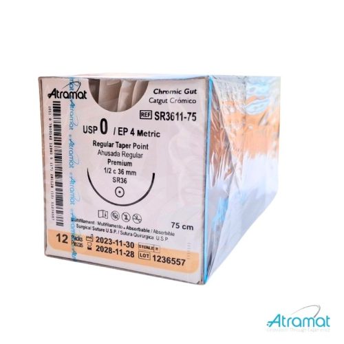 CATGUT CROMICO USP 0, 75 CM AGUJA SR-36 AHUSADA REGULAR PREMIUM 36 MM 1/2CIRCULO