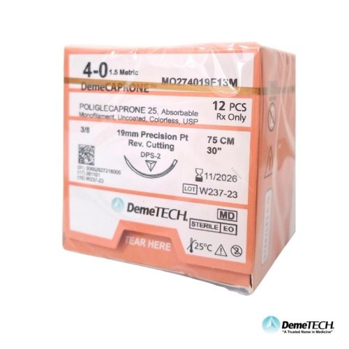 POLIGLECAPRONE 25 4-0 AGUJA REVERSO CORTANTE PREMIUM 19 MM 3/8 CIRCULO HEBRA DE 75 CM CAJA C/12