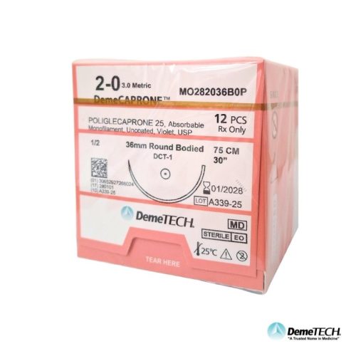 POLIGLECAPRONE 25 2-0 AGUJA AHUSADA 36 MM 1/2 CIRCULO HEBRA DE 75 CM COLOR VIOLETA CAJA C/12