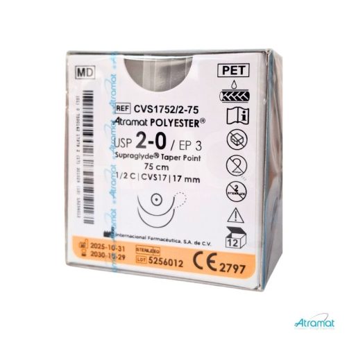 POLIESTER USP 2-0, 75 CM DOBLE AGUJA CVS-17 CARDIOVASCULAR AHUSADA PREMIUM 17 MM 1/2 CIRCULO