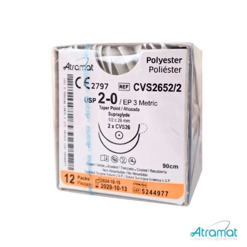 POLIESTER USP 2-0, 90 CM DOBLE AGUJA CVS-26 CARDIOVASCULAR AHUSADA PREMIUM 26 MM 1/2 CIRCULO