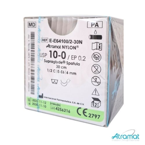 NYLON NEGRO USP 10-0, 30 CM DOBLE AGUJA E-E-6 ESPATULADA SUPRAGLYDE 6 MM 1/2 CIRCULO