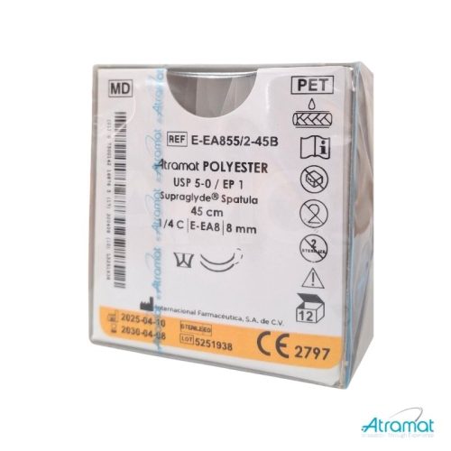 POLIESTER BLANCO USP 5-0, 45 CM DOBLE AGUJA E-EA-8 ESPATULADA SUPRAGLYDE 8 MM 1/4 CIRCULO