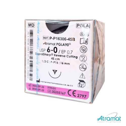 PGLA90 INCOLORO USP 6-0, 45 CM AGUJA P-P-16 REVERSO CORTANTE SUPRA-SHARP 16 MM 1/2 CIRCULO