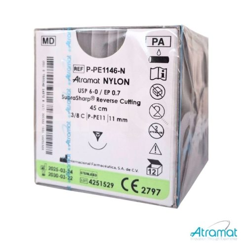 NYLON NEGRO USP 6-0, 45 CM AGUJA P-PE-11 REVERSO CORTANTE SUPRA-SHARP 11 MM 3/8 CIRCULO