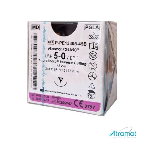 PGLA90 INCOLORO USP 5-0, 45 CM AGUJA P-PE-13 REVERSO CORTANTE SUPRA-SHARP 13 MM 3/8 CIRCULO