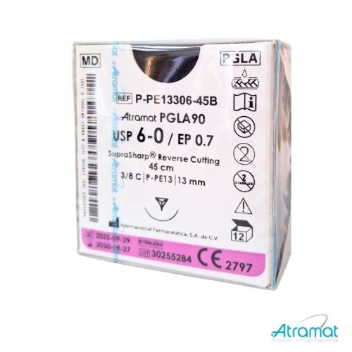 PGLA90 INCOLORO USP 6-0, 45 CM AGUJA P-PE-13 REVERSO CORTANTE SUPRA-SHARP 13 MM 3/8 CIRCULO