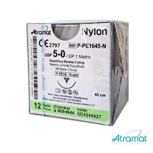 NYLON NEGRO USP 5-0, 45 CM AGUJA P-PE-16 REVERSO CORTANTE SUPRA-SHARP 16 MM 3/8 CIRCULO