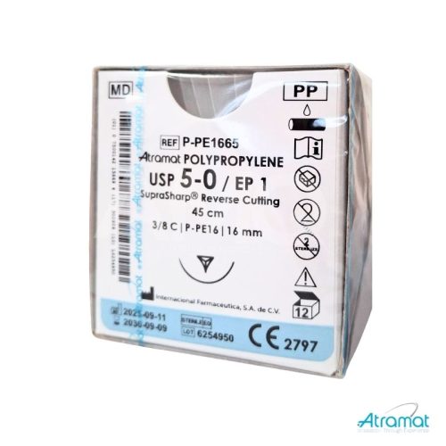 POLIPROPILENO AZUL USP 5-0, 45 CM AGUJA P-PE-16 REVERSO CORTANTE SUPRA-SHARP 16 MM 3/8 CIRCULO