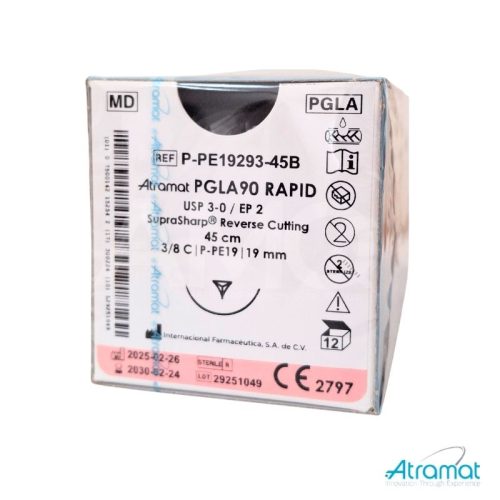 PGLA90 RAPID INCOLORO USP 3-0, 45 CM AGUJA P-PE-19 REVERSO CORTANTE SUPRA-SHARP 19 MM 3/8 CIRCULO