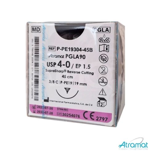 PGLA90 INCOLORO USP 4-0, 45 CM AGUJA P-PE-19 REVERSO CORTANTE SUPRA-SHARP 19 MM 3/8 CIRCULO
