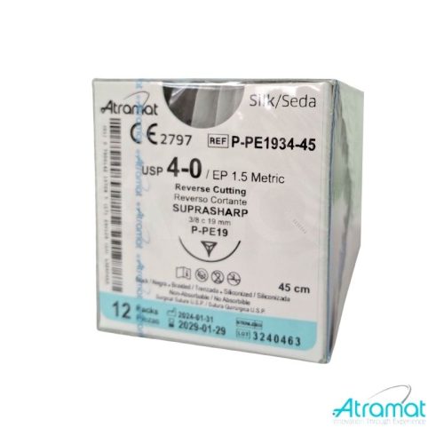 SEDA NEGRA USP 4-0, 45 CM AGUJA P-PE-19 REVERSO CORTANTE SUPRA-SHARP 19 MM 3/8 CIRCULO