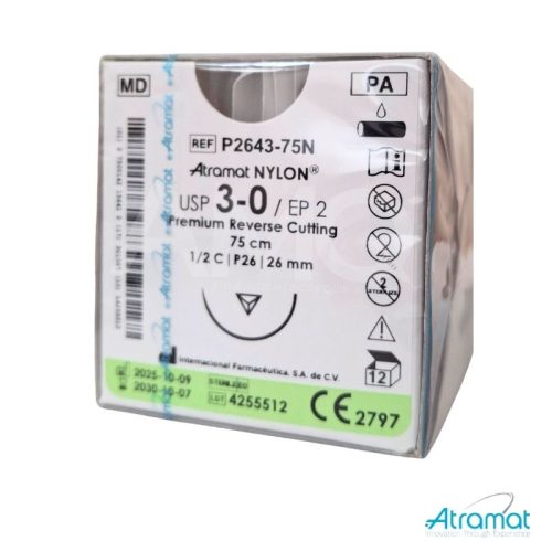 NYLON NEGRO USP 3-0, 75 CM AGUJA P-26 REVERSO CORTANTE PREMIUM 26 MM 1/2 CIRCULO