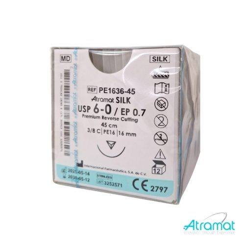 SEDA NEGRA USP 6-0, 45 CM AGUJA PE-16 REVERSO CORTANTE PREMIUM 16 MM 3/8 CIRCULO