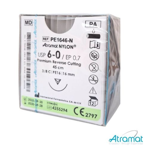 NYLON NEGRO USP 6-0, 45 CM AGUJA PE-16 REVERSO CORTANTE PREMIUM 16 MM 3/8 CIRCULO