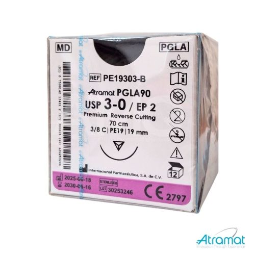 PGLA90 INCOLORO USP 3-0, 70 CM AGUJA PE- 19 REVERSO CORTANTE PREMIUM 19 MM 3/8 CIRCULO