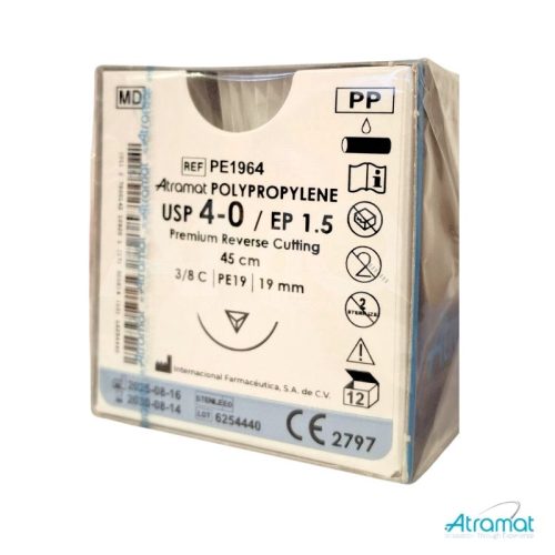 POLIPROPILENO AZUL USP 4-0, 45 CM AGUJA PE-19 REVERSO CORTANTE PREMIUM 19 MM3/8 CIRCULO