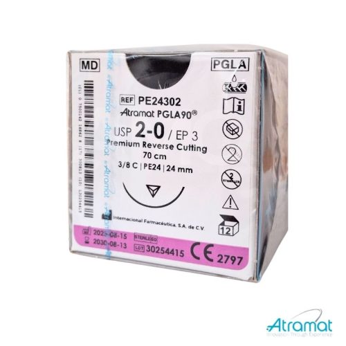 PGLA90 VIOLETA USP 2-0, 70 CM AGUJA PE-24 REVERSO CORTANTE PREMIUM 24 MM 3/8 CIRCULO