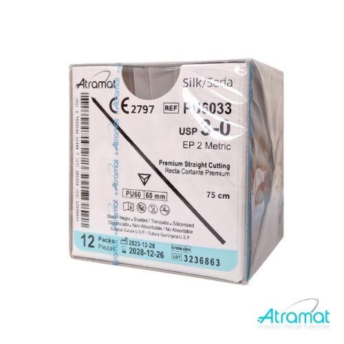 SEDA NEGRA USP 3-0, 75 CM AGUJA PU-60 RECTA CORTANTE PREMIUM 60 MM RECTA