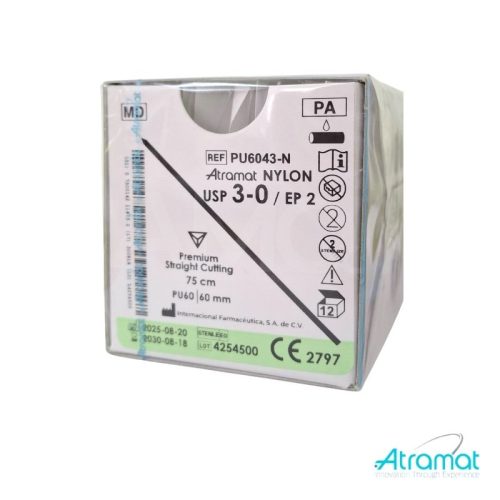 NYLON NEGRO USP 3-0, 75 CM AGUJA PU-60 RECTA CORTANTE PREMIUM 60 MM RECTA