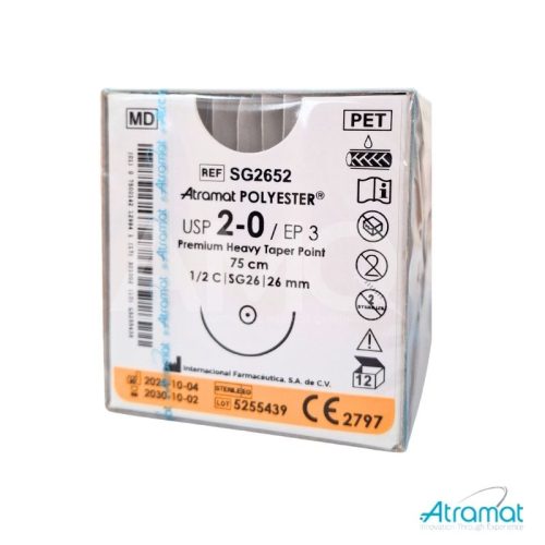 POLIESTER USP 2-0, 75 CM AGUJA SG-26 AHUSADA GRUESA PREMIUM 26 MM 1/2 CIRCULO