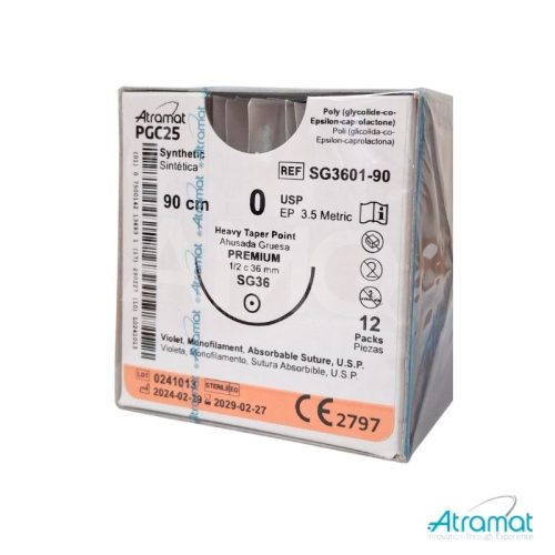 PGC25 VIOLETA USP 0, 90 CM AGUJA SG-36 AHUSADA GRUESA PREMIUM 36 MM 1/2 CIRCULO