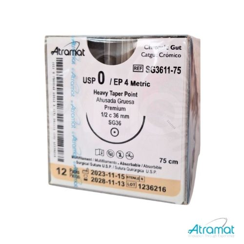 CATGUT CROMICO USP 0, 75 CM AGUJA SG-36 AHUSADA GRUESA PREMIUM 36 MM 1/2 CIRCULO