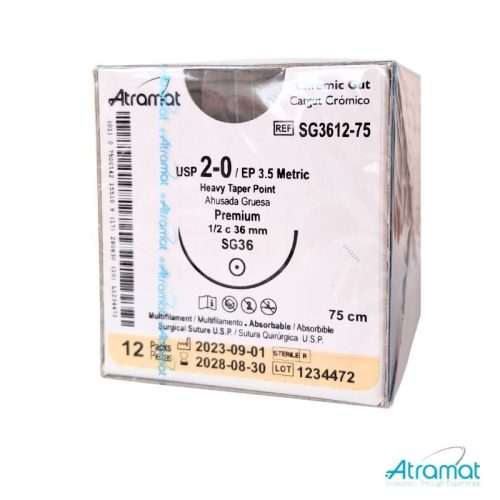 CATGUT CROMICO USP 2-0, 75 CM AGUJA SG-36 AHUSADA GRUESA PREMIUM 36 MM 1/2 CIRCULO