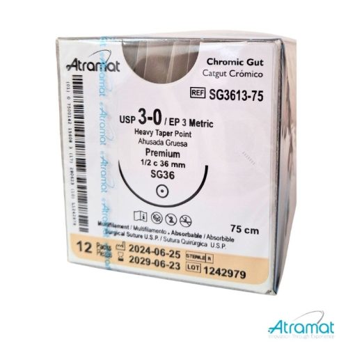 CATGUT CROMICO USP 3-0, 75 CM AGUJA SG-36 AHUSADA GRUESA PREMIUM 36 MM 1/2 CIRCULO
