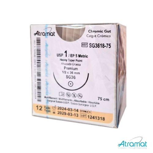 CATGUT CROMICO USP 1, 75 CM AGUJA SG-36 AHUSADA GRUESA PREMIUM 36 MM 1/2 CIRCULO