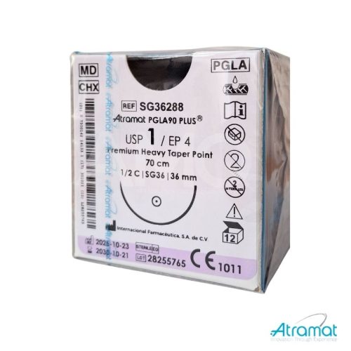 PGLA90 PLUS VIOLETA USP 1, 70 CM AGUJA SG 36 AHUSADA GRUESA PREMIUM 36 MM 1/2 CIRCULO