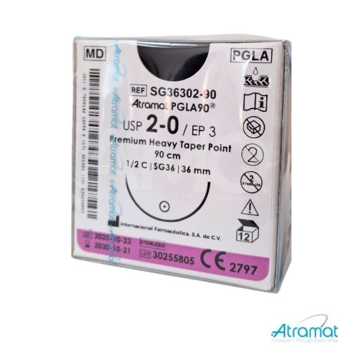 PGLA90 VIOLETA USP 2-0, 90 CM AGUJA SG-36 AHUSADA GRUESA PREMIUM 36 MM 1/2 CIRCULO
