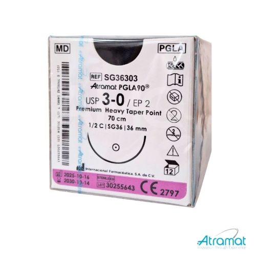 PGLA90 VIOLETA USP 3-0, 70 CM AGUJA SG-36 AHUSADA GRUESA PREMIUM 36 MM 1/2 CIRCULO