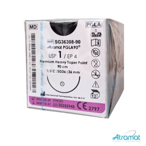 PGLA90 VIOLETA USP 1, 90 CM AGUJA SG-36 AHUSADA GRUESA PREMIUM 36 MM 1/2 CIRCULO