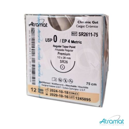 CATGUT CROMICO USP 0, 75 CM AGUJA SR-26 AHUSADA REGULAR PREMIUM 26 MM 1/2 CIRCULO
