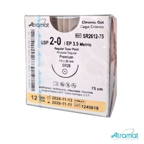 CATGUT CROMICO USP 2-0, 75 CM AGUJA SR-26 AHUSADA REGULAR PREMIUM 26 MM 1/2 CIRCULO
