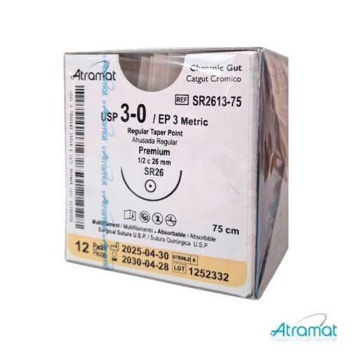CATGUT CROMICO USP 3-0, 75 CM AGUJA SR-26 AHUSADA REGULAR PREMIUM 26 MM 1/2 CIRCULO