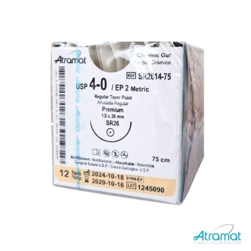 CATGUT CROMICO USP 4-0, 75 CM AGUJA SR-26 AHUSADA REGULAR PREMIUM 26 MM 1/2 CIRCULO