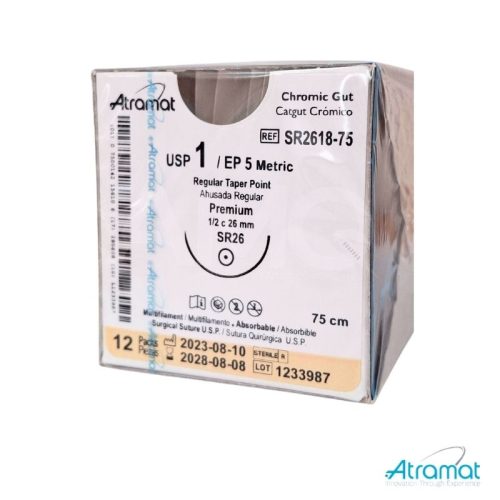 CATGUT CROMICO USP 1, 75 CM AGUJA SR-26 AHUSADA REGULAR PREMIUM 26 MM 1/2 CIRCULO