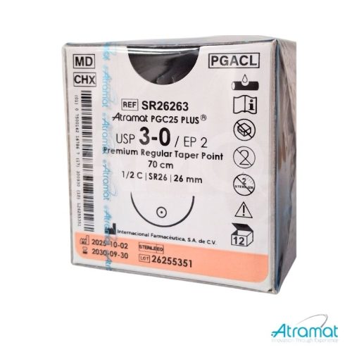 PGC25 PLUS VIOLETA USP 3-0, 70 CM AGUJA SR-26 AHUSADA REGULAR PREMIUM 26 MM 1/2 CIRCULO