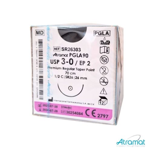 PGLA90 VIOLETA USP 3-0, 70 CM AGUJA SR-26 AHUSADA REGULAR PREMIUM 26 MM 1/2 CIRCULO