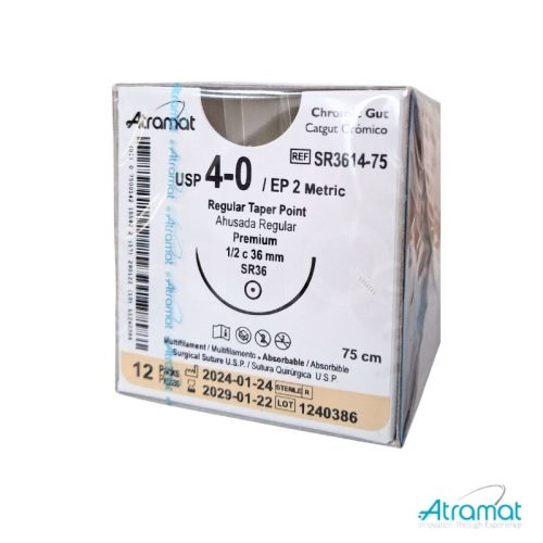 CATGUT CROMICO USP 4-0, 75 CM AGUJA SR-36 AHUSADA REGULAR PREMIUM 36 MM 1/2 CIRCULO